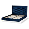 Baxton Studio Valery Blue Velvet Queen Size Platform Bed with Gold-Finished Legs 152-9011